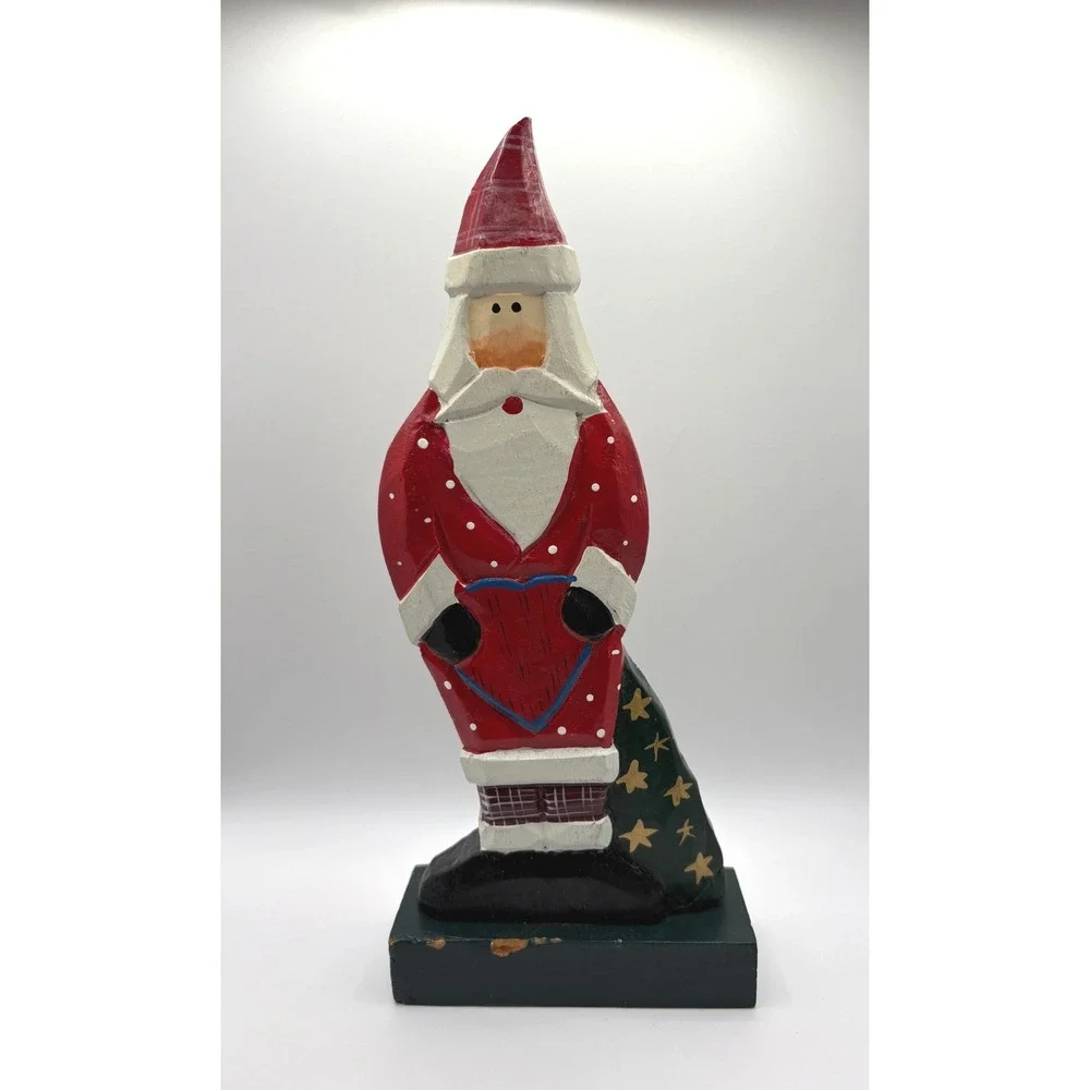 Vintage Midwest of Cannon Falls Folk Art Santa Figurine Resin Faux Wood Heart